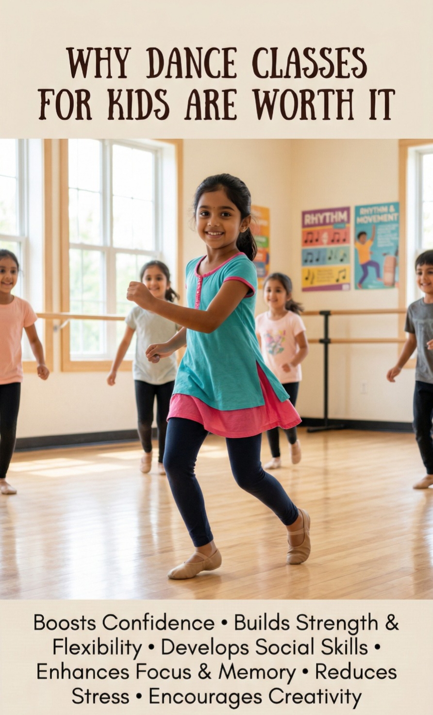 Kids dancing in a dance class to improve fitness, confidence, focus and memory